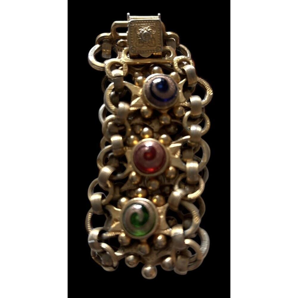 Venetian Art Glass Swirl Bracelet Wide Ornate Open Link Statement Copper - Picture 11 of 12